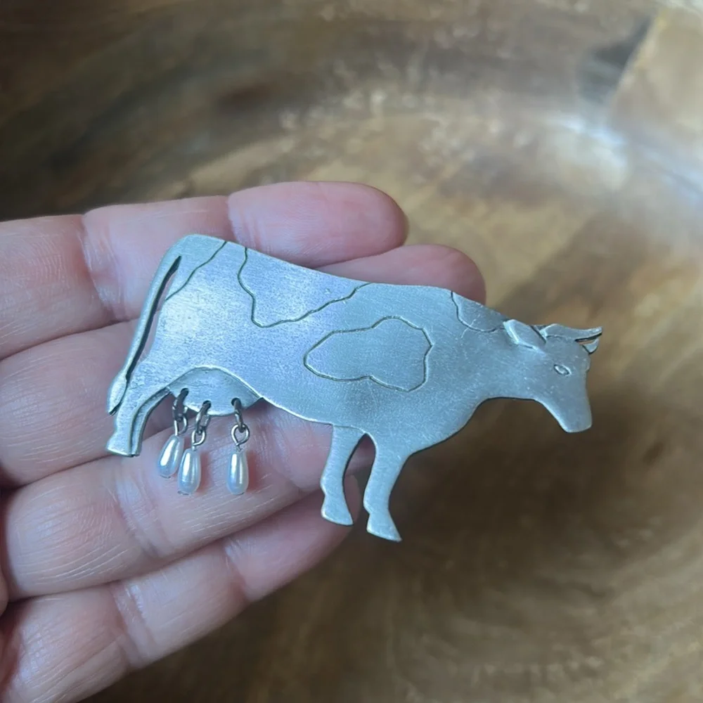 Silver Cow Faux Pearl Brooch by JJ